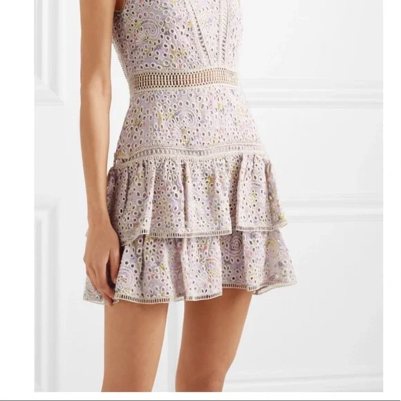 Alice + Olivia Tonie Tiered Floral Mini Dress Purple Women's 0 Eyelet Lace - Picture 2 of 13